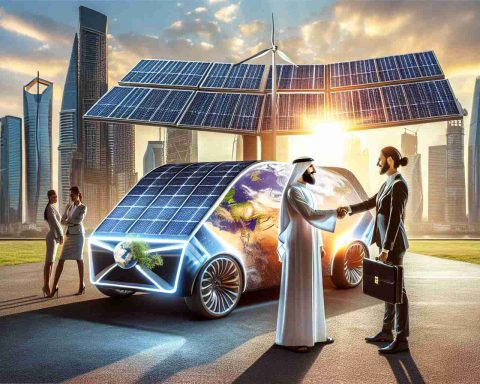 High-definition photo showcasing an innovative progression in solar transportation. This should feature a highly technologically advanced solar-paneled vehicle concept which signifies a breakthrough in sustainable travel. A scene of two entities (labeled as Entity A and Entity B) signing a symbolic partnership agreement or a handshake between two people (a middle-eastern man and a Hispanic woman) could represent the game-changing collaboration. Surroundings could be infused with the aura of modernity and sustainability, suggesting the dawn of a new era in transportation. The image should radiate optimism and conviction in harnessing the power of the sun for transportation.