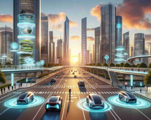 An ultra-high definition, realistic image of a futuristic urban driving scenario. Picture ultramodern electric vehicles swiftly maneuvering through an urban landscape teeming with skyscrapers, displaying a stunning mix of architectural styles. Glowing holographic traffic signs and signals provide seamless guidance. The vehicles are driverless, emphasizing the advanced technology of this urban future. Pedestrians, from diverse ethnic backgrounds, can be seen safely crossing the street using elevated, transparent skywalks. Innovative green spaces merge seamlessly into the cityscape, suggesting a sustainable and eco-conscious future. A setting sun paints the scene with a warm glow, illuminating the metropolis.