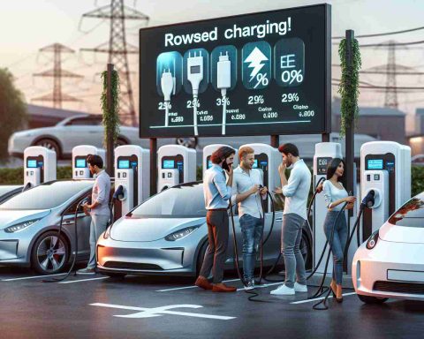 Realistically detailed HD image of a scene at an electric vehicle charging station, showing multiple electric cars lined and plugged in for charging. There is a large digital signboard displaying a significantly reduced cost for charging, symbolizing a major drop in expenses. There's visible excitement amongst the car owners. They are variously Caucasian, Hispanic, and Middle-Eastern men and women, all talking with each other about the lowered charges.