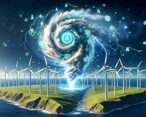 Generate a high-definition, realistic representation of the concept 'AI Windstorm'. The image should symbolize a new era in green technology. Additionally, depict a bold move made by a fictional renewable energy company named 'Ørsted'. This image should convey the power, innovation, and forward-thinking strategy of the company in revolutionizing the green tech industry.