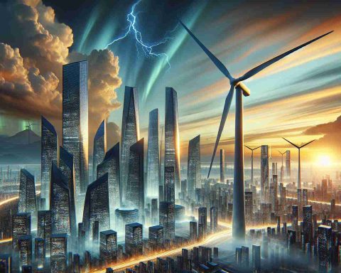 High-definition, highly realistic image depicting the future of electricity in the context of a corporation. Imagine a skyline with futuristic buildings, all running on renewable energy sources. The sky is streaked with hues of a setting sun, symbolizing the sunset of the old era and the dawn of a new, 'electric' era. In the foreground, there is a structure that embodies the concept of a 'game-changer' - a towering wind turbine, sleek and modern, standing tall among the buildings, clearly indicating the shift towards renewable energy. This image represents an abstract take on the JSW Group's vision for an electric future.