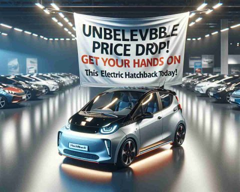 A high-definition, realistic image showcasing an electric hatchback car with a promotional banner draped over it. The banner proudly proclaims, 'Unbelievable Price Drop! Get Your Hands on This Electric Hatchback Today!', as if issuing a challenge to passerby consumers. The car is parked in a car showroom, under bright lights that accentuate its sleek lines and modern design.