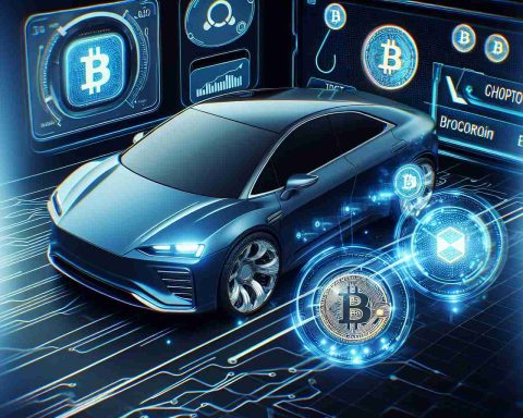 High-definition, realistic image depicting the integration of cryptocurrency technology in the future of automobiles. The image should illustrate a modern, sleek car, perhaps highlighting features on the dashboard or infotainment system that indicate cryptocurrency transactions or blockchain connectivity.