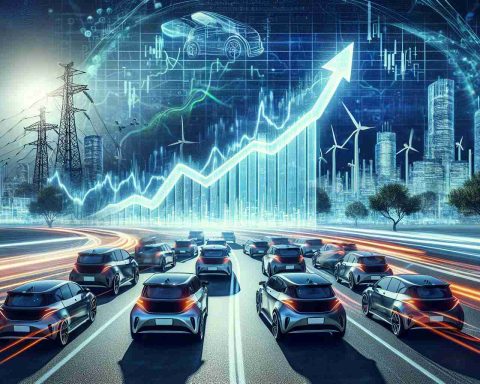 A high-definition digital artwork showing the symbolic representation of a major shift in the economy due to the rise of electric vehicle manufacturing. The scene includes a visually striking graph line rising upwards, indicative of a stock surge, along with a futuristic cityscape filled with electric vehicles and renewable energy infrastructures, signifying tomorrow's economy. Note: This prompt does not represent a specific company or person.