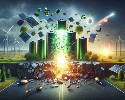 Create an image that showcases the future of eco-friendly power solutions by breaking through the old battery barrier. The image should be in HD and embody a realistic style. It can include elements such as advanced renewable power sources, possibly wind, solar, and hydro, as well as super-efficient future batteries. This breakthrough should be symbolically represented, perhaps by a futuristic battery shattering the old-fashioned ones, or a beam of green energy breaking through a wall of traditional batteries, unveiling the bright future of sustainable power.