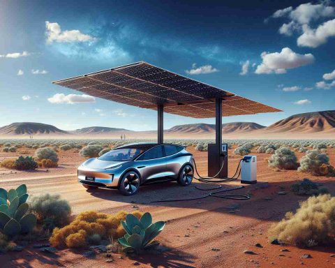 A highly detailed, realistic image showcasing the revolutionary concept of solar power technology for remote electric vehicle charging. This transformative technology is presented as a potential game-changer for the arid landscapes of Australia's Outback, where traditional power sources are scarce. Picture the expansive, dry terrain under the clear blue sky. Amidst the vastness, there is a sleek, modern electric vehicle plugged into a stand-alone solar power charging station, its broad solar panels absorbing the strong sunlight. Around this, the typical flora and fauna of the Australian Outback complete the scene.