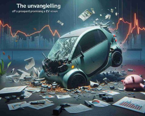 An eerily realistic, high-definition image representing the unraveling of promising electric vehicle vision known as 'Canoo Folds'. The scene should depict visual metaphors for significant financial setbacks leading to bankruptcy, such as cracked piggy banks, falling graphs, or redundant parts of an electric vehicle. Show the dominant mood as one of dismay and disbelief, reflecting the unexpected demise of a once-promising venture. The title 'The Unraveling of a Promising EV Vision' should be prominently displayed.