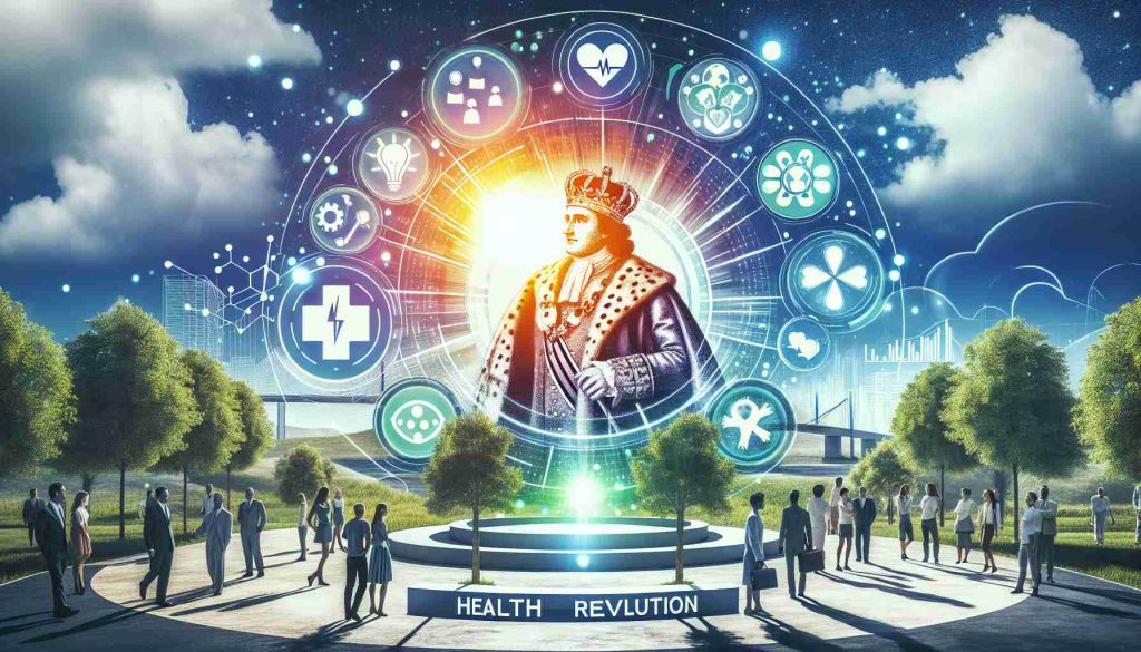 An illustrative high-definition image showcasing the concept of a 'Health Revolution' pioneered by a prominent public figure from the past like a king, known as 'Charles'. The image should hint at a bright future, possibly through elements of positive change, progression, and advancement. The setting could be an outdoor location lit by the brilliant sunlight, metaphorically representing the brightness of the future. Additional details may include medical symbols, greenery, happy and healthy people of diverse descents, and innovative medical technology.