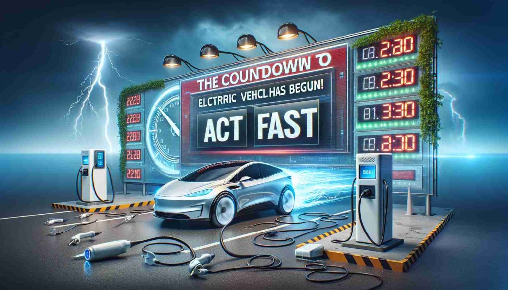 Create a realistic, high-definition image illustrating the concept of a breaking news article with the headline 'The Countdown to Electric Vehicles Has Begun! Act Fast'. The scene should have a sense of urgency and anticipation. Major elements could include electric cars, charging stations, countdown clocks, and rapid acceleration visuals to emphasize the 'act fast' aspect of the headline.