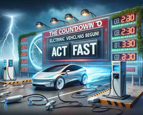 Create a realistic, high-definition image illustrating the concept of a breaking news article with the headline 'The Countdown to Electric Vehicles Has Begun! Act Fast'. The scene should have a sense of urgency and anticipation. Major elements could include electric cars, charging stations, countdown clocks, and rapid acceleration visuals to emphasize the 'act fast' aspect of the headline.