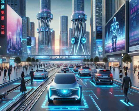 Realistic HD image of a futuristic, traffic-filled cityscape with autonomous vehicles on roads. The cars do not have traditional steering wheels or controls and are instead outfitted with advanced, glowing AI modules and sensor arrays. Spectacular skyscrapers tower in the background, adorned with digital billboards displaying messages about the promising developments in autonomous vehicle technology. Pedestrians of assorted genders and descents - Hispanic, Black, Caucasian, South Asian, Middle-Eastern - walk on sidewalks, looking at the autonomous cars with a combination of awe and anticipation.