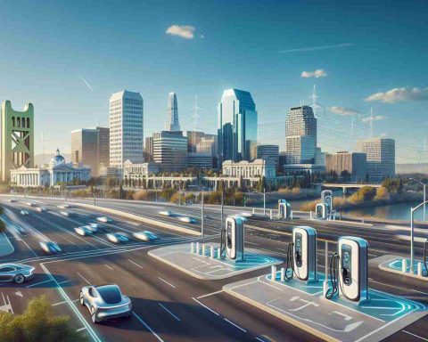 A high-definition, photorealistic image of the cityscape of Sacramento, California. The skyline is punctuated by iconic buildings, framed by clear blue skies. Visible are signs of the city's transition towards renewable energy support. Futuristic charging stations for electric vehicles (EVs) are seen dotting the urban landscape, hinting at a bright future for green transportation. Roads are lined with modern EVs, replacing the usual combustion engines. There's a dynamic sense of growth and change in the air, signaling big strides being taken in Sacramento's journey towards becoming an electric city.