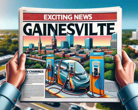 Generate a realistic high-definition illustration of a headline showcasing the exciting news for Gainesville, with the news being that more electric vehicle (EV) charging stations are on the way. The background should show a cityscape of Gainesville with EV charging stations being installed, suggesting the city's commitment to sustainable transportation. Portray the headline in bright, eye-catching letters on a newspaper, billboard, or digital news platform.