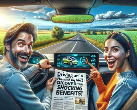 Create a highly-detailed, realistic image featuring a Caucasian man and a Hispanic woman, both thrilled at driving an electric vehicle through a beautiful countryside. The dashboard display shows impressive fuel efficiency stats and the vibrant, dynamic outside view through the car windows exhibits wide open roads. On the foreground include a newspaper clipping with headline stating, 'Driving an EV Changed My Life! Discover the Shocking Benefits.'