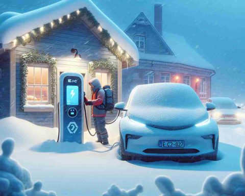 Please create a realistic, high-definition image that captures the difficulties that electric vehicle (EV) drivers may experience during winter. It might show a snow-covered EV charging station, a vehicle struggling to move through heavily snowy streets, or potentially an EV driver looking worried while checking their battery status in freezing conditions. Remember not to cause any alarm, and infuse a sense of calm within these challenges.