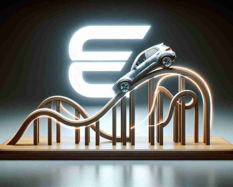 A realistic, high-definition image displaying a conceptual interpretation of a roller coaster year for an unspecified electric vehicle manufacturer. The image shows a roller coaster with ups and downs, symbolizing unpredictable gains. The logo of the company, a stylized letter 'E', can be seen in the background.