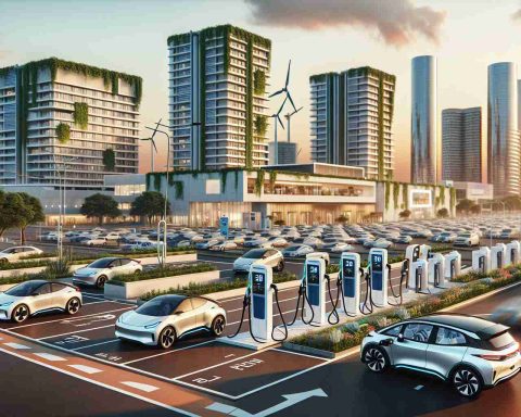 High-definition realistic image of architectural developments in India showcasing the future of Electric Vehicle infrastructure. Picture includes modern buildings, charging stations, and sleek electric cars, all amid a vibrant cityscape. The scene also captures the integration of renewable energy sources such as solar panels on buildings and wind turbines in the backdrop. The vehicles should be contemporary and futuristic, representing the exciting EV landscape. Avoid featuring any specific brands or identifiable models. It's an everyday scene but with an advanced and sustainable twist.