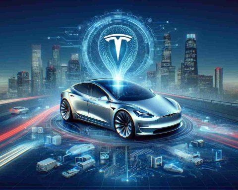 Generate a high-definition, realistic image depicting the metaphorical 'unveiling' of electric vehicle technology represented as 'Tesla Sgares'. This concept should symbolize a leap into artificial intelligence-driven urban transportation. Include elements such as an electric vehicle, AI interface visualizations, and cityscape backdrop.