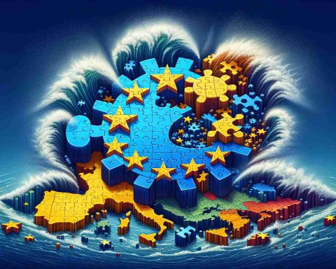 Detailed and realistic depiction of significant change happening in the structure of the European Union. This could include stylized depictions such as metaphorical elements like a giant gear turning, shaking the map of Europe, or a large wave washing over a 3D puzzle in the shape of the EU symbol. Be sure to create a clear sense of transformation, progress and excitement for the future.