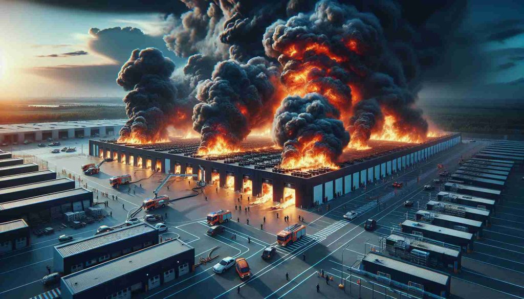 Picture in realistic high-definition style showing a large fire incident at an unspecified battery facility, not tied to any specific location. This scene captures major concerns emerging including huge flames, dark smoke billowing into the sky, emergency services trying to contain the situation, and employees or bystanders in a state of shock or concern.