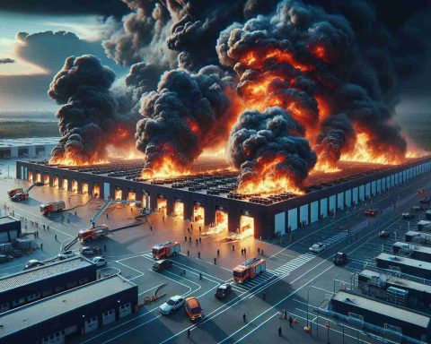 Picture in realistic high-definition style showing a large fire incident at an unspecified battery facility, not tied to any specific location. This scene captures major concerns emerging including huge flames, dark smoke billowing into the sky, emergency services trying to contain the situation, and employees or bystanders in a state of shock or concern.